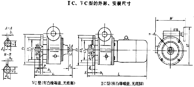 D型行星錐盤(pán)無(wú)級(jí)變速器ⅤC、ⅡC的外形及安裝尺寸