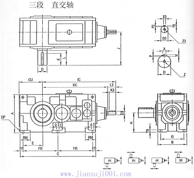 TK系列齒輪減速機(jī)三段直交軸外形及安裝尺寸