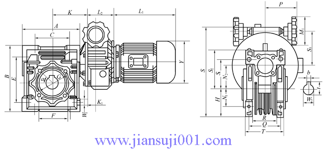 BWJ系列變速蝸桿減速器系列規(guī)格型號(hào)的外形及安裝尺寸