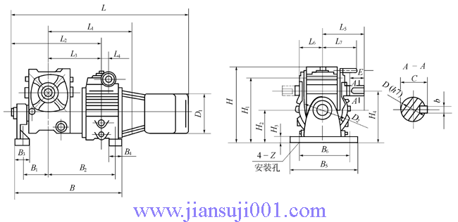 URX系列與蝸輪箱組合型的外形及安裝尺寸
