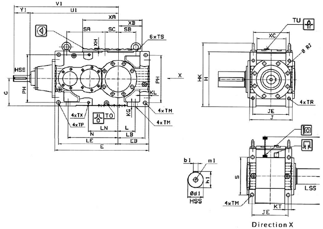 MC系列硬齒面中型齒輪減速機(jī)安裝尺寸(3級(jí)錐齒輪—斜齒輪減速器水平安裝)